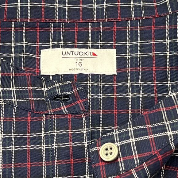 Untuckit Tara Top Womens 16 Mock Collar Button‎ Down Shirt Blue Plaid Preppy - Picture 4 of 9